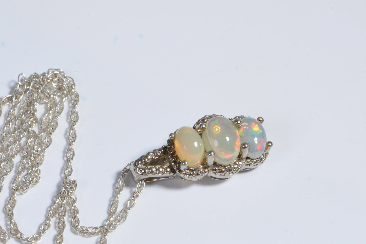 Three Stone Ethiopian Opal Pendant, Sterling Silver October Birthstone