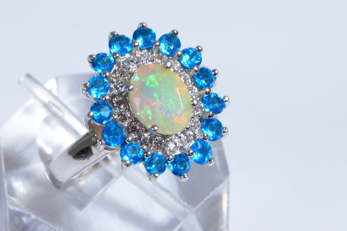 Ethiopian Opal Ring, Neon Apatite Halo, Sterling Silver, Size 7