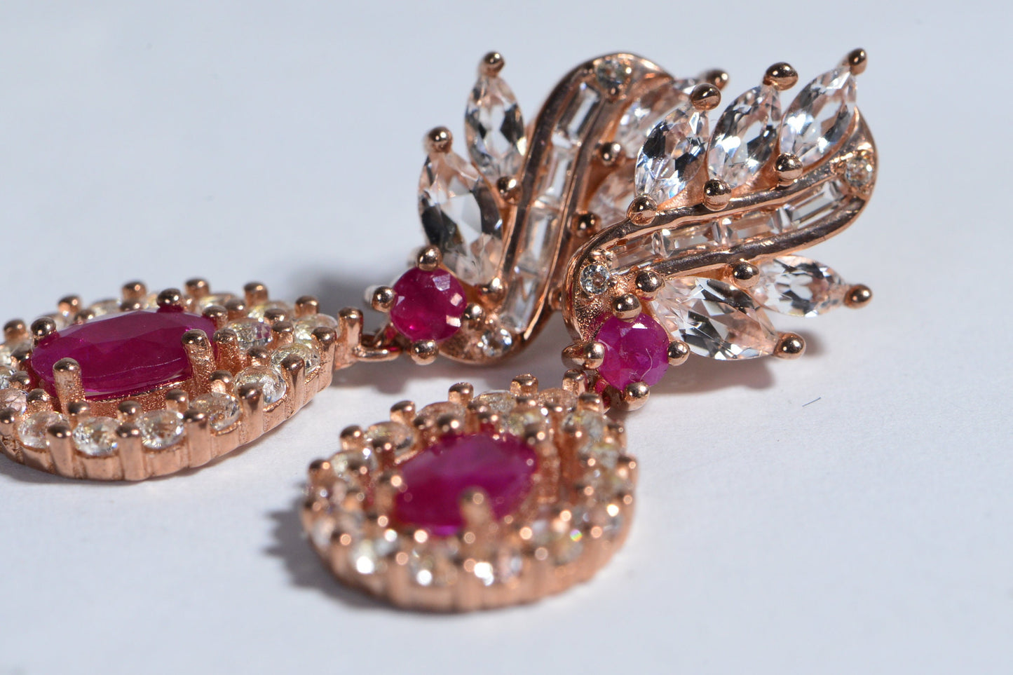 Ruby Zircon Earrings, Rose Gold Over Sterling Silver Leaf Design