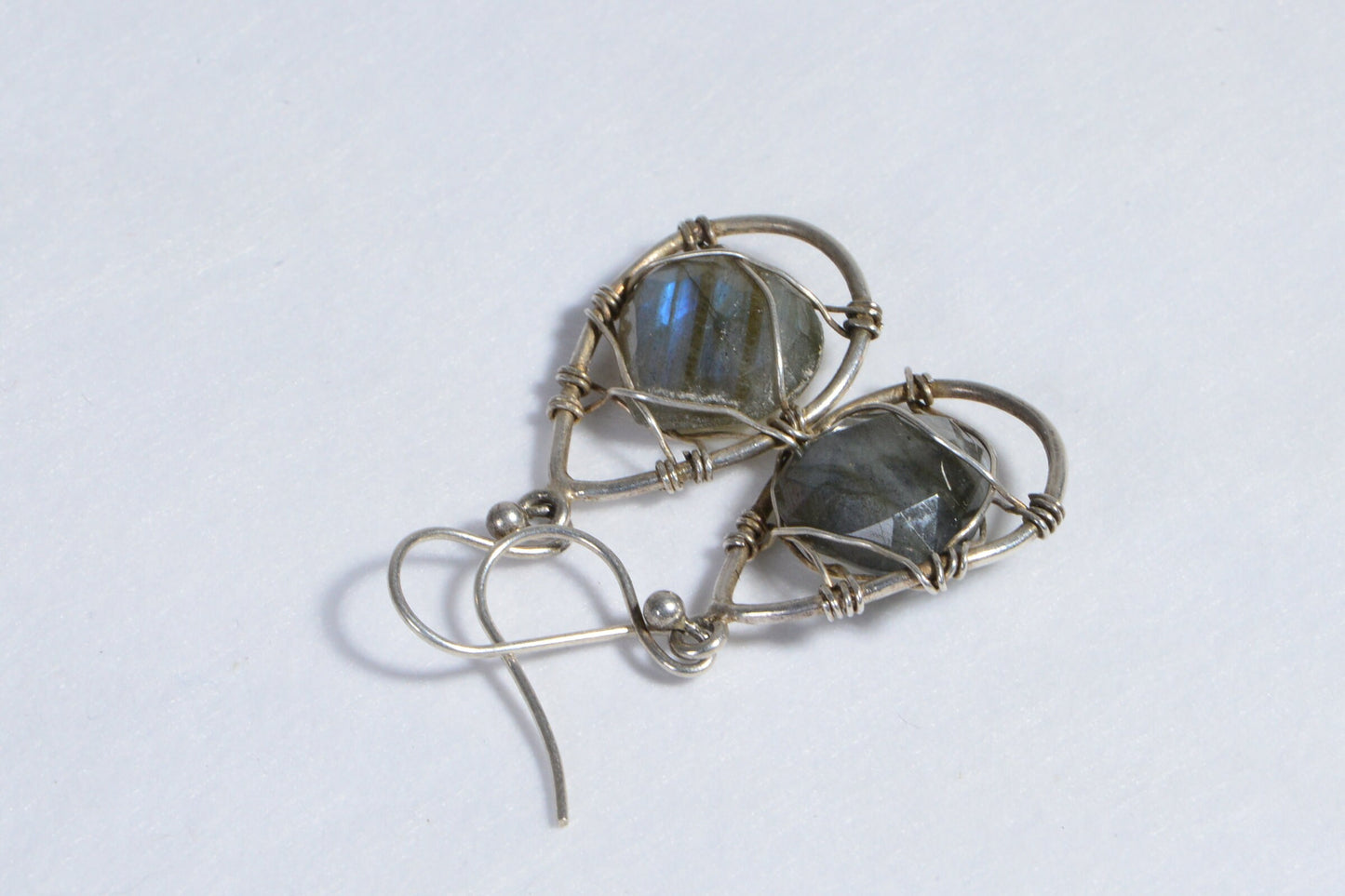 Blue Flash Labradorite Sterling Silver Wire Wrapped Earrings Hand Made Gift