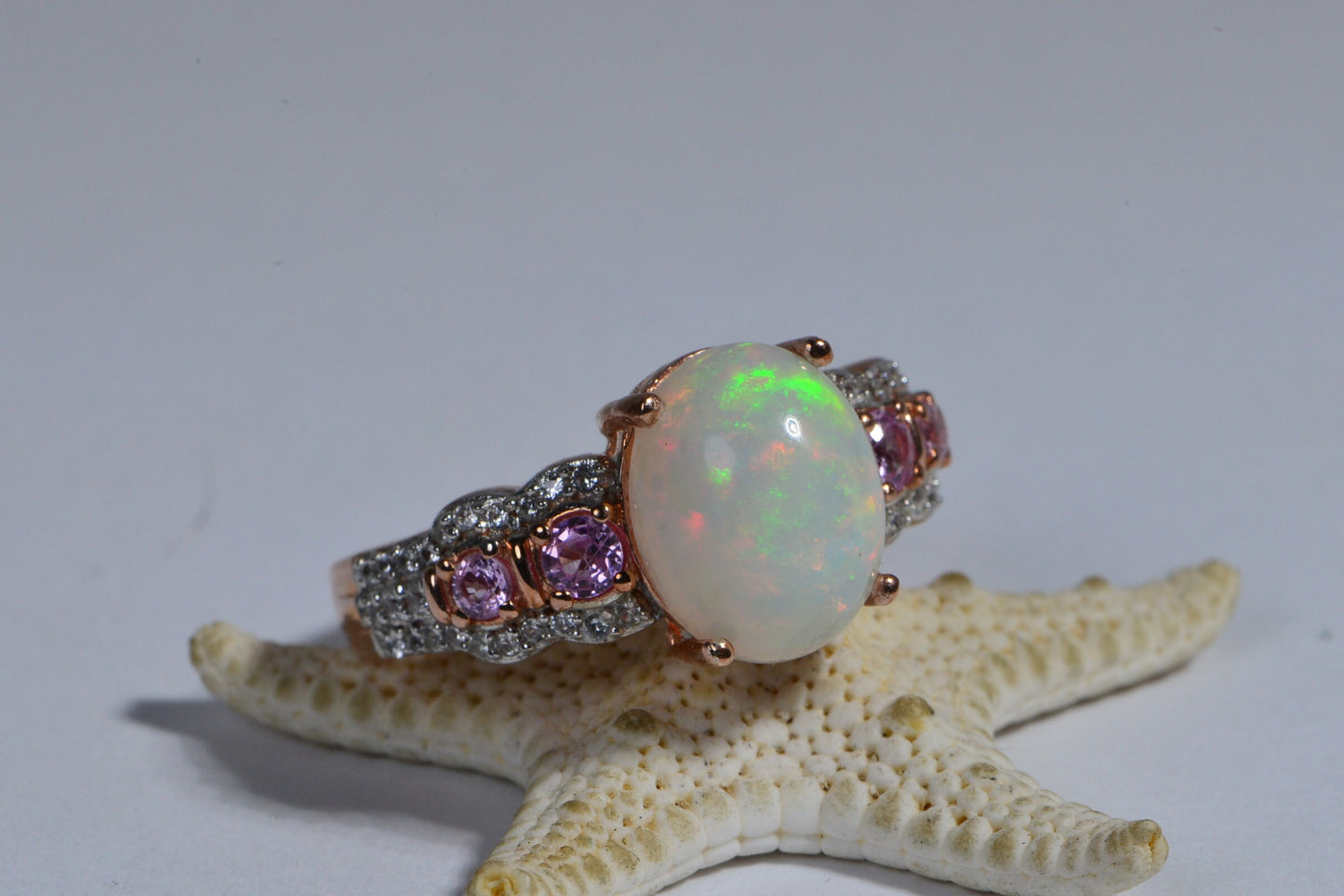 Australian White Opal Pink Sapphire Diamond Accent Rose Gold Vermeil Engagement Ring Birthstone October