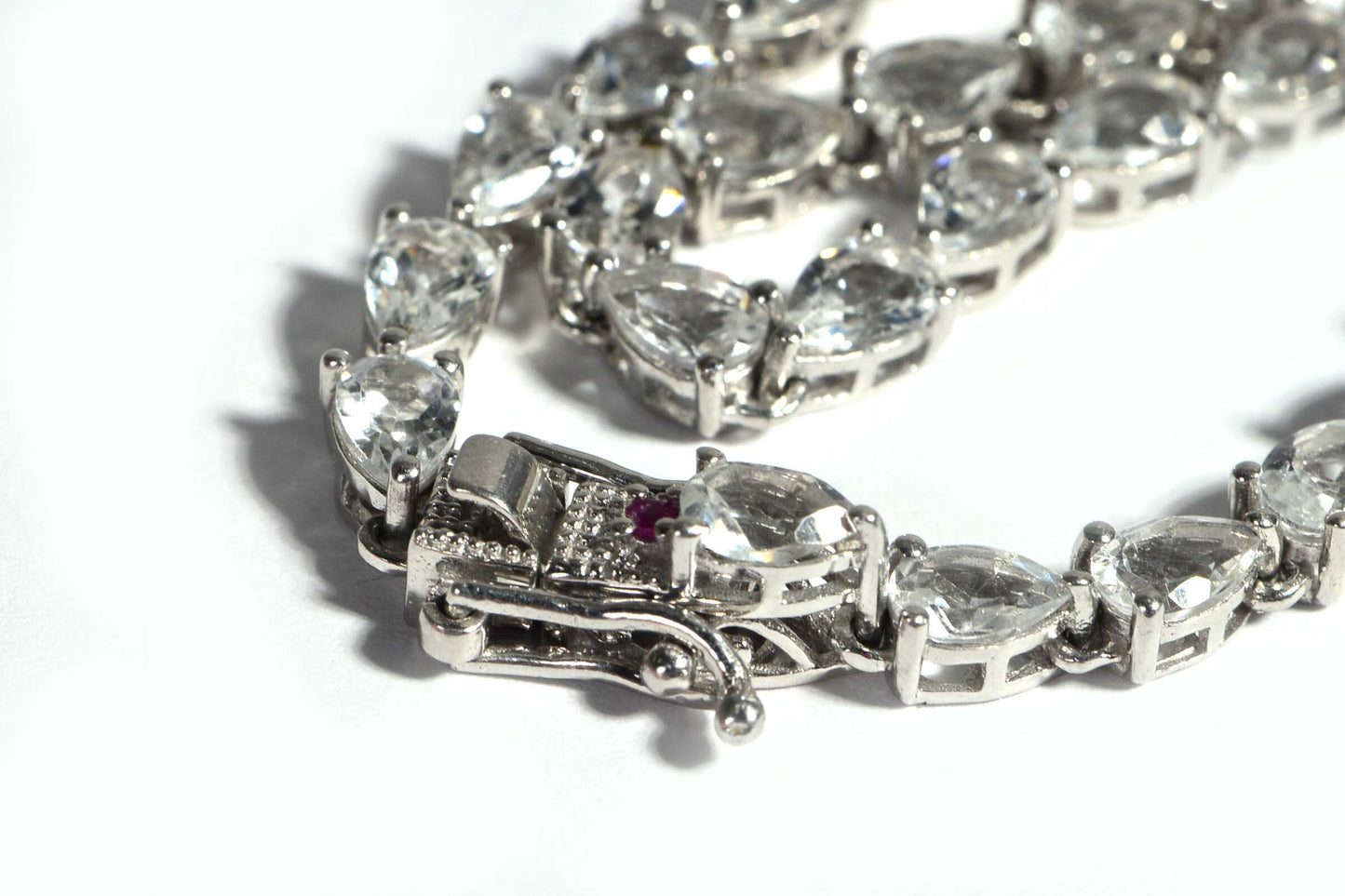White Topaz Teardrop Bracelet, Sterling Silver Garnet Clasp, 7.25 Inch