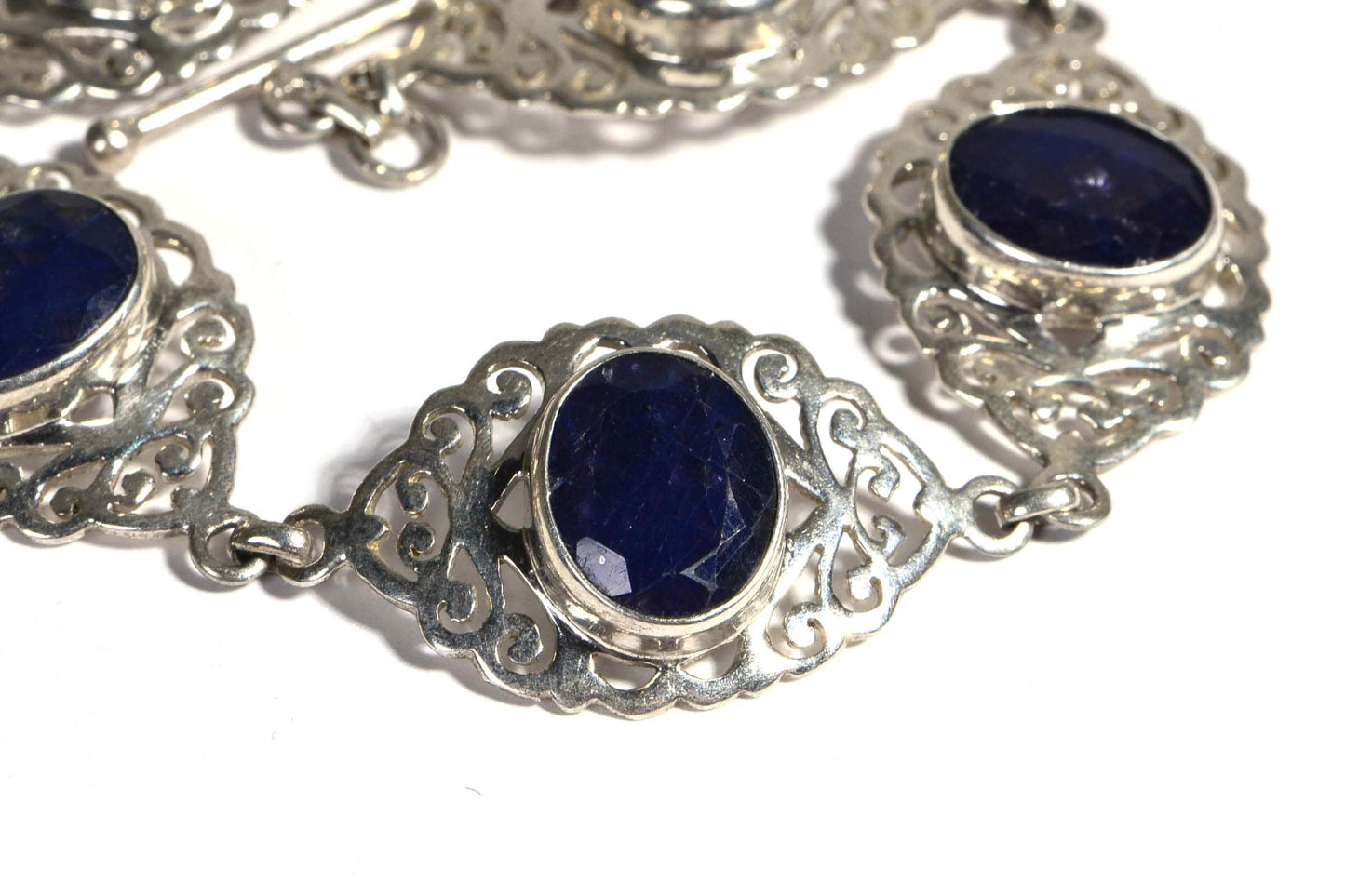 Natural Sapphire Sterling Silver Filigree Link Bracelet