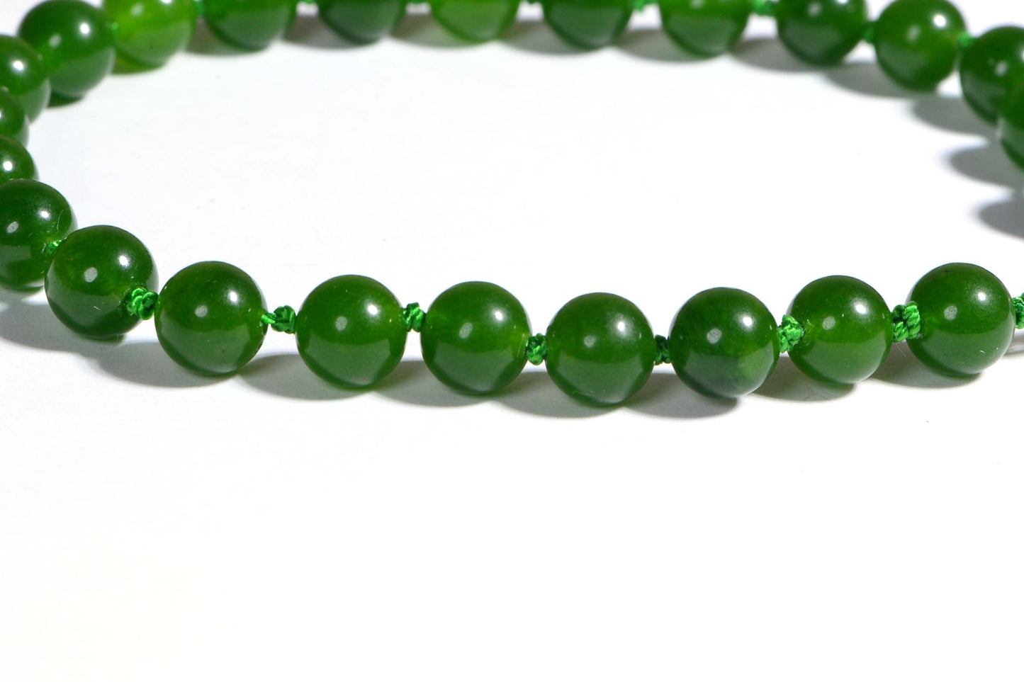 Green Jade Beaded Bracelet, Knotted Mala with Sterling Silver Clasp