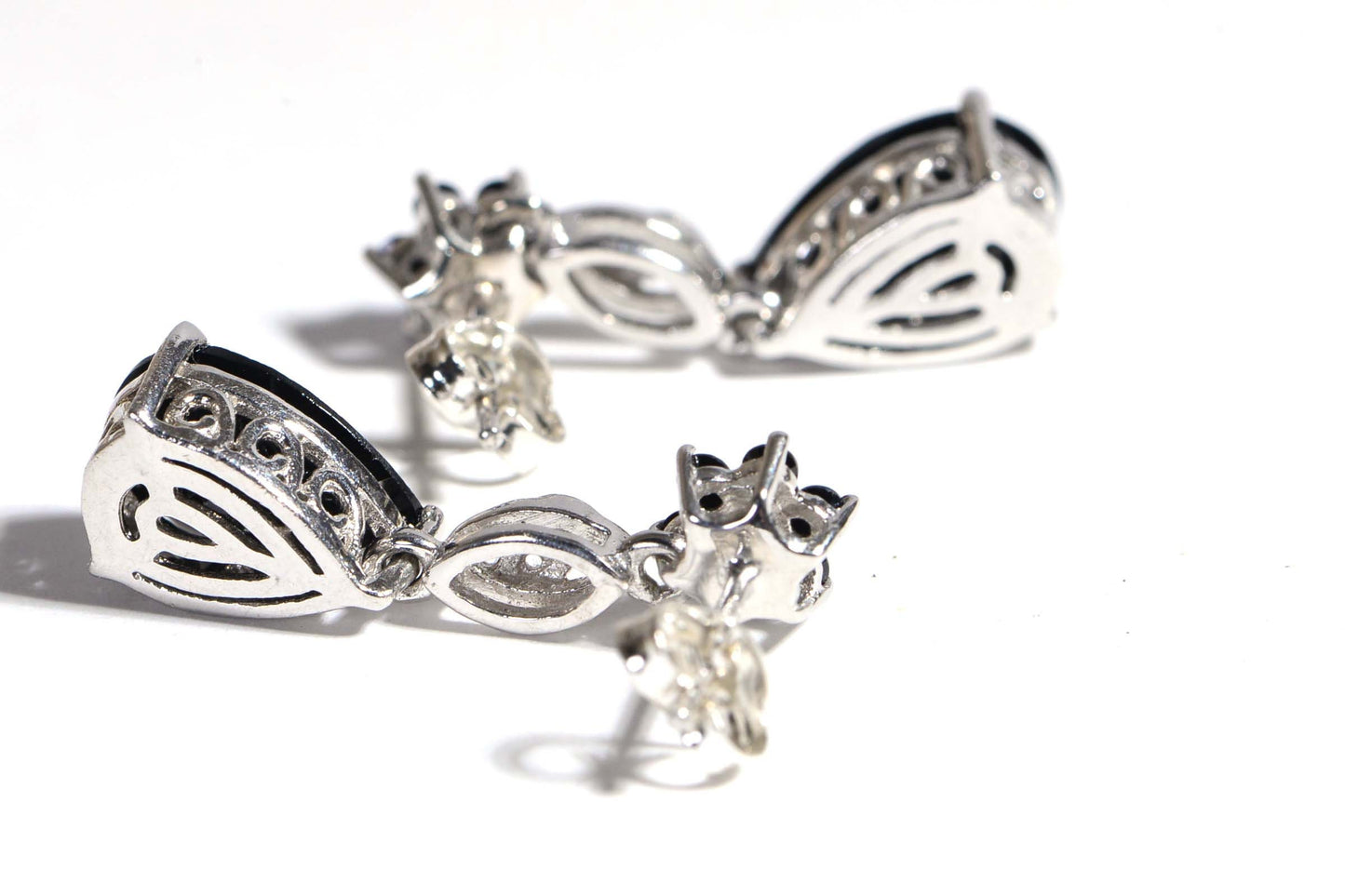 Black Spinel Teardrop Earrings, Floral Sterling Silver Studs