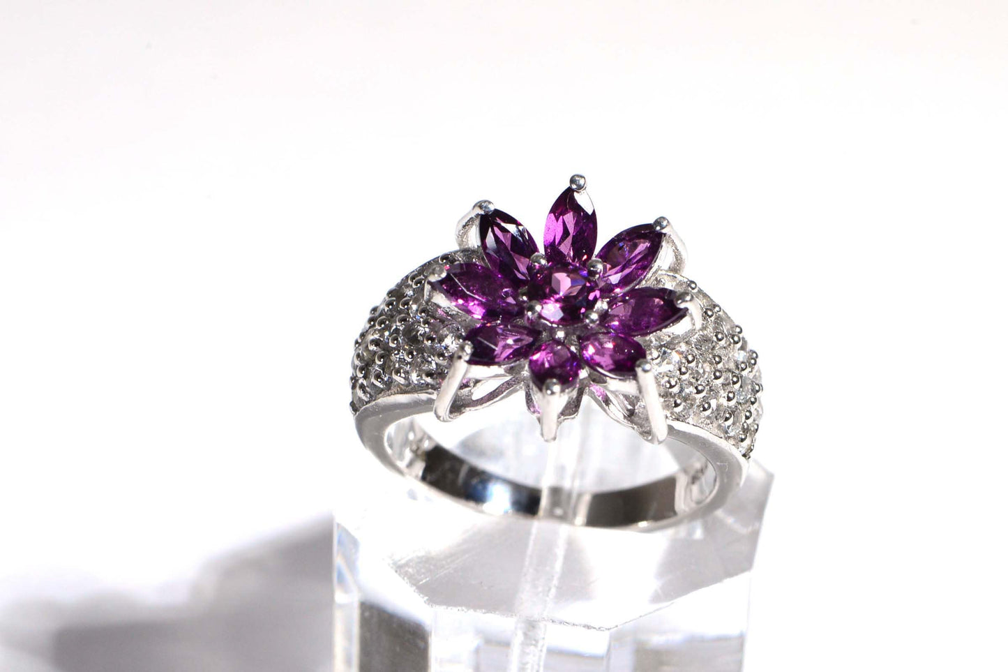 Purple Garnet Flower Ring: Sterling Silver Estate Jewelry