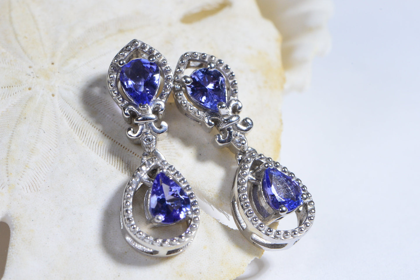 Tanzanite Dangle Earrings, Fleur De Lis Teardrop Studs, December Birthstone