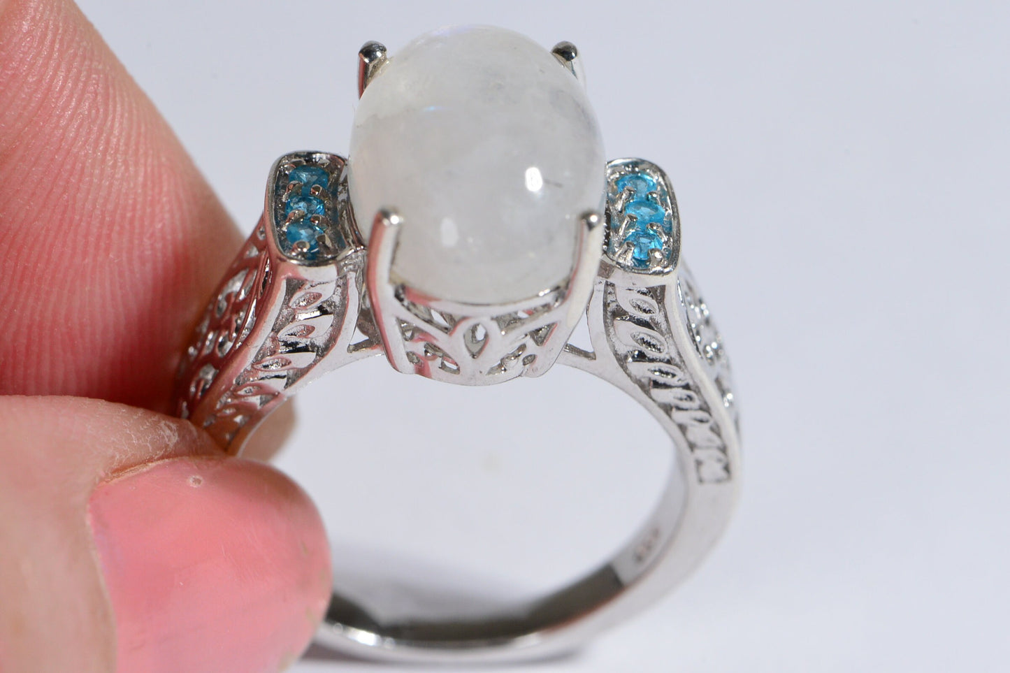 Natural Moonstone Apatite Ring Rhodium Over Sterling Silver Fancy Style Large Stone Ring