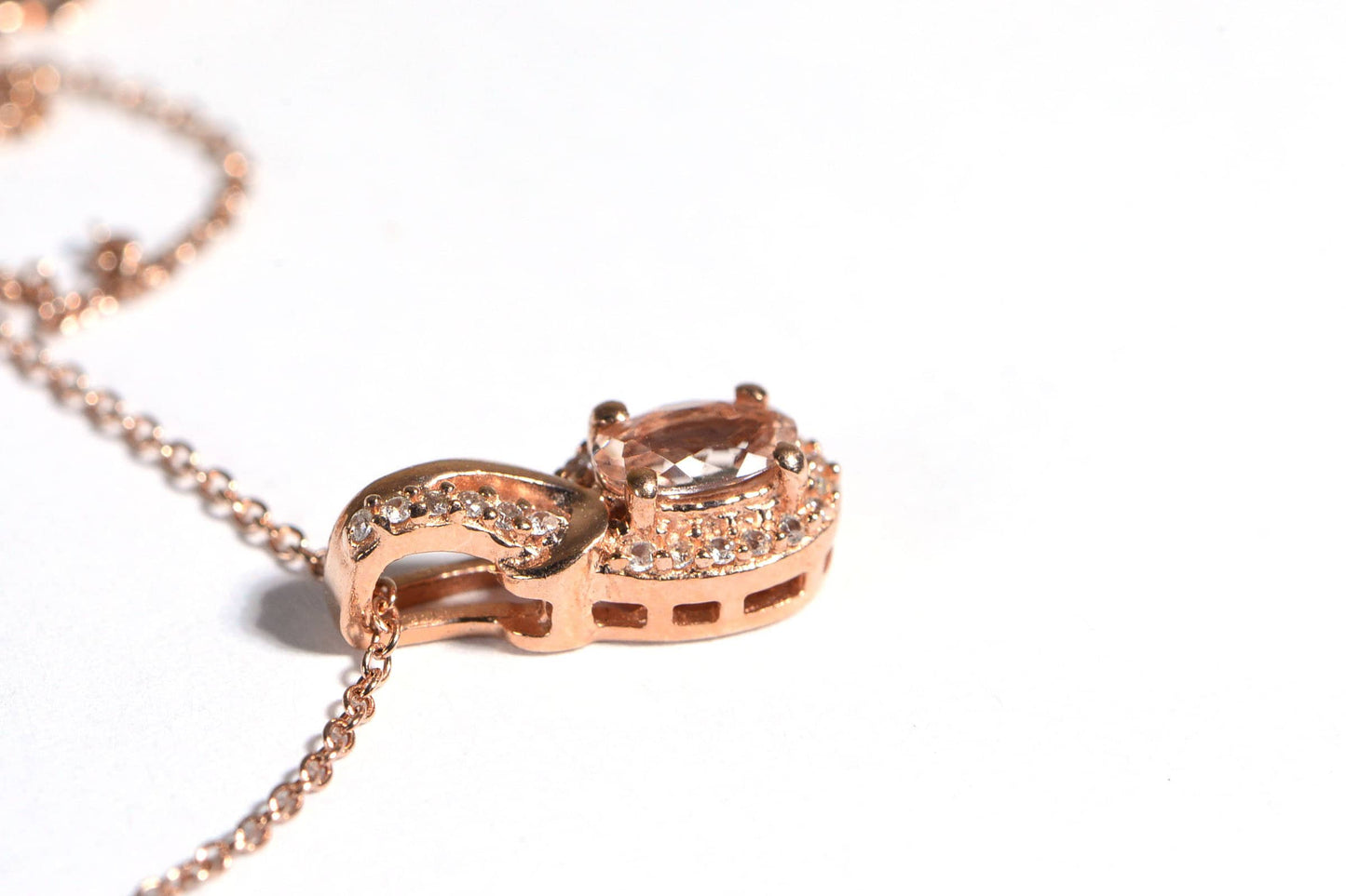 Pink Morganite Oval Halo Necklace, Vermeil Rose Gold Sterling Silver, 20 Inch