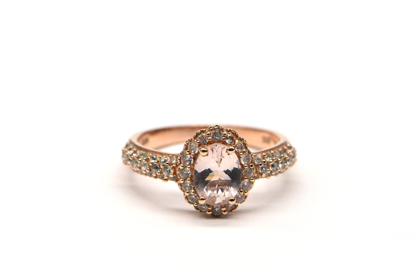 Morganite Engagement Ring Halo Diamond Rose Gold Over Sterling Silver Oval Pink Stone Ring