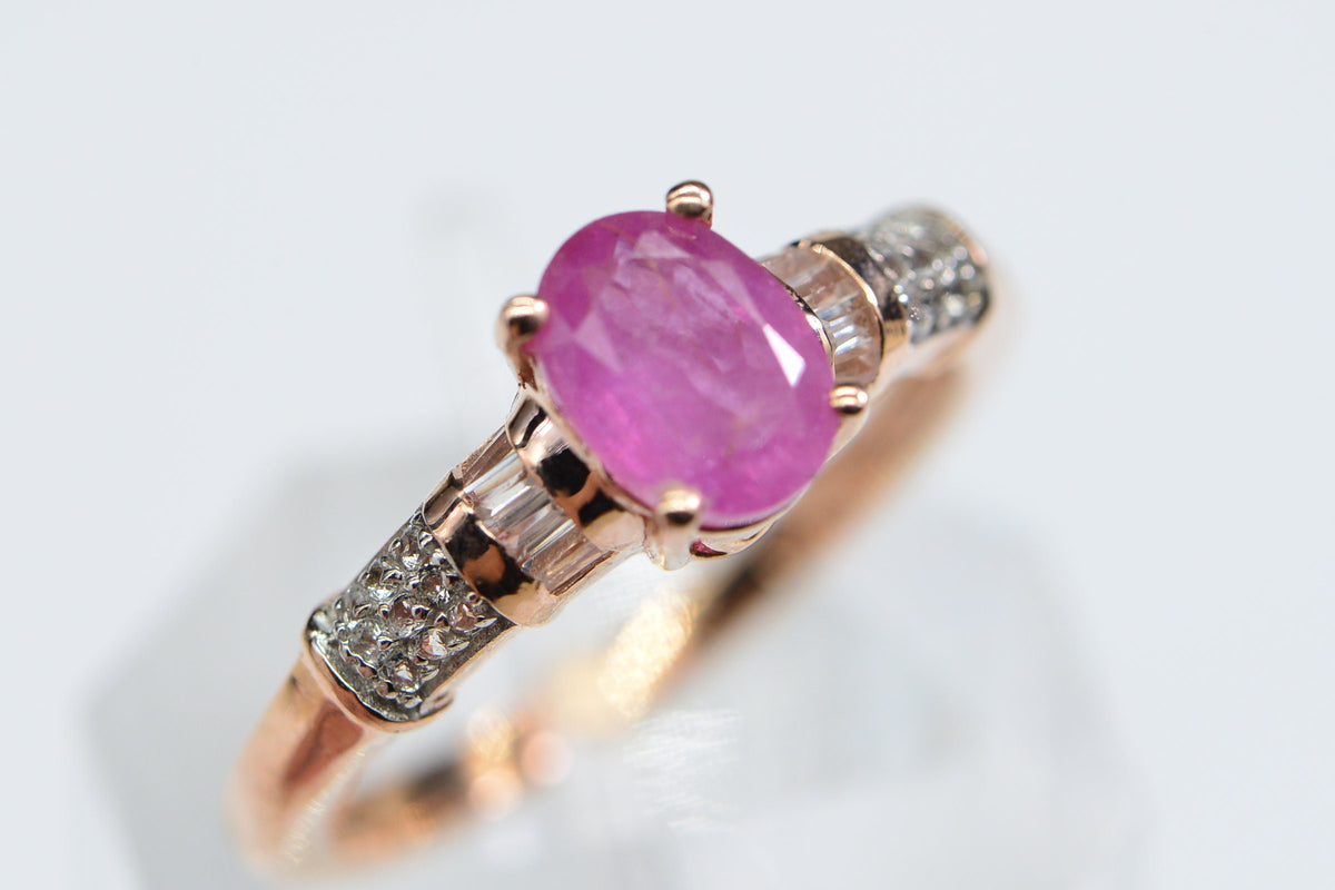 Pink Sapphire White Zircon Rose Gold Engagement Ring