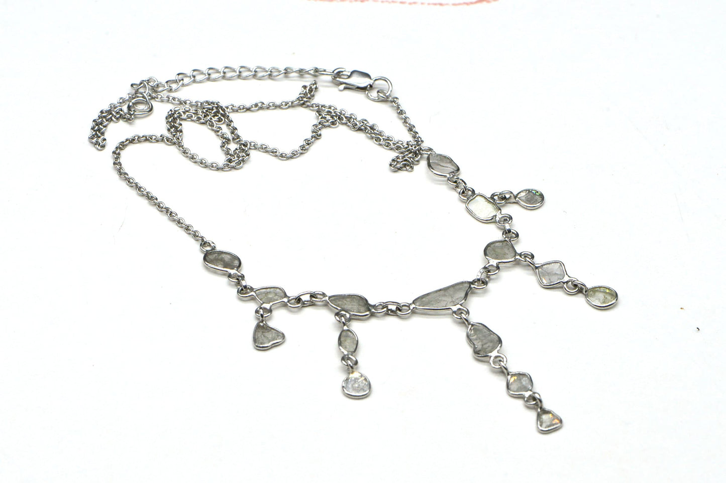 Genuine Polki Diamond Bezel Set Slice Diamond Handmade Chain Necklace Sterling Silver Women Gift