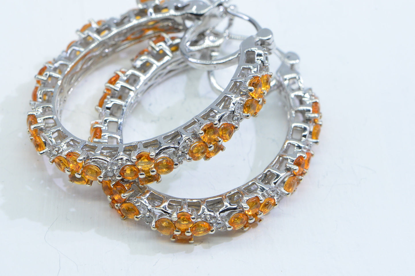 Mexican Fire Opal Rhodium Sterling Silver Orange Opal Flower Hoops Earrings