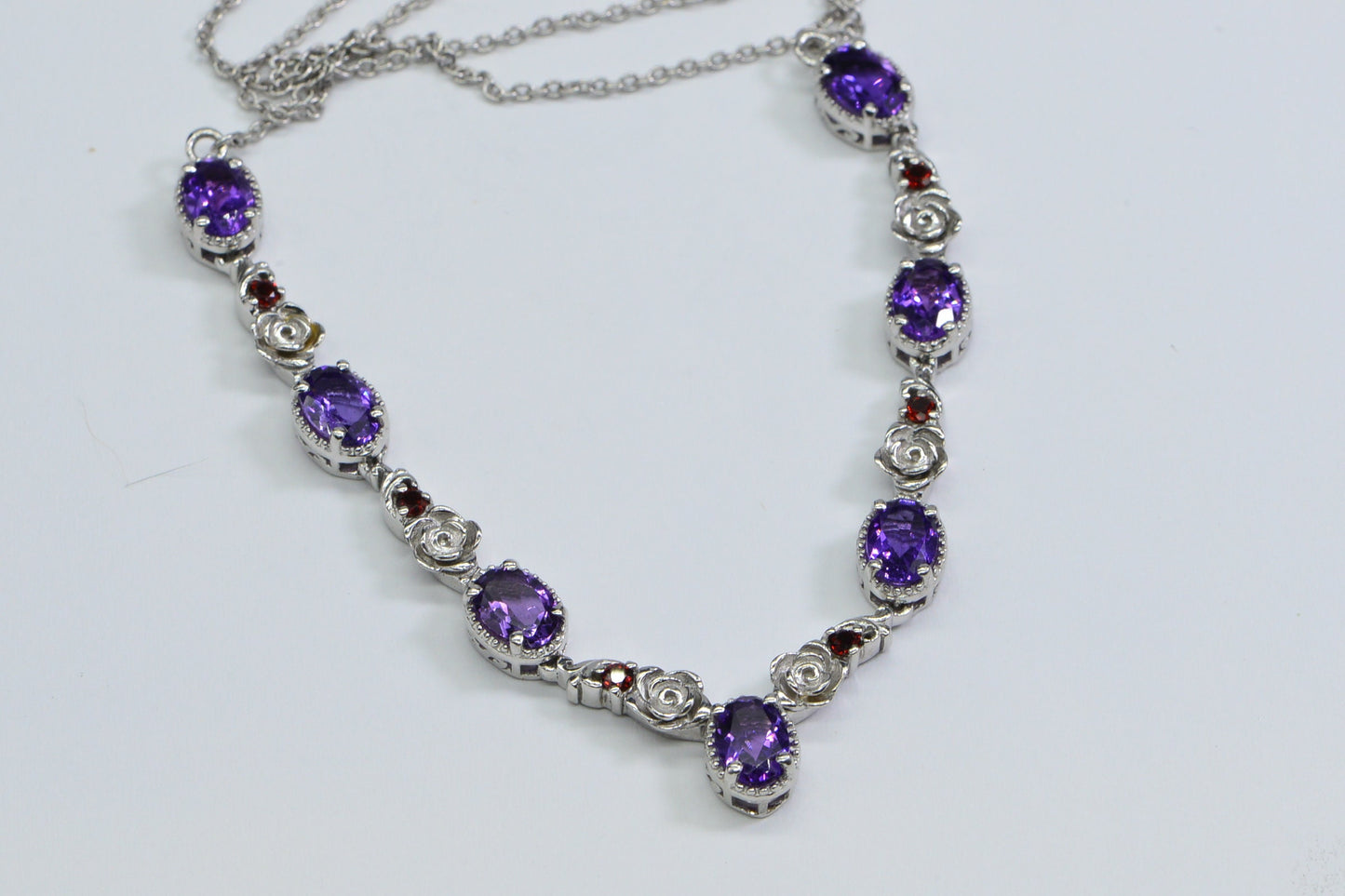 Amethyst Garnet Flower Design Sterling Silver Necklace