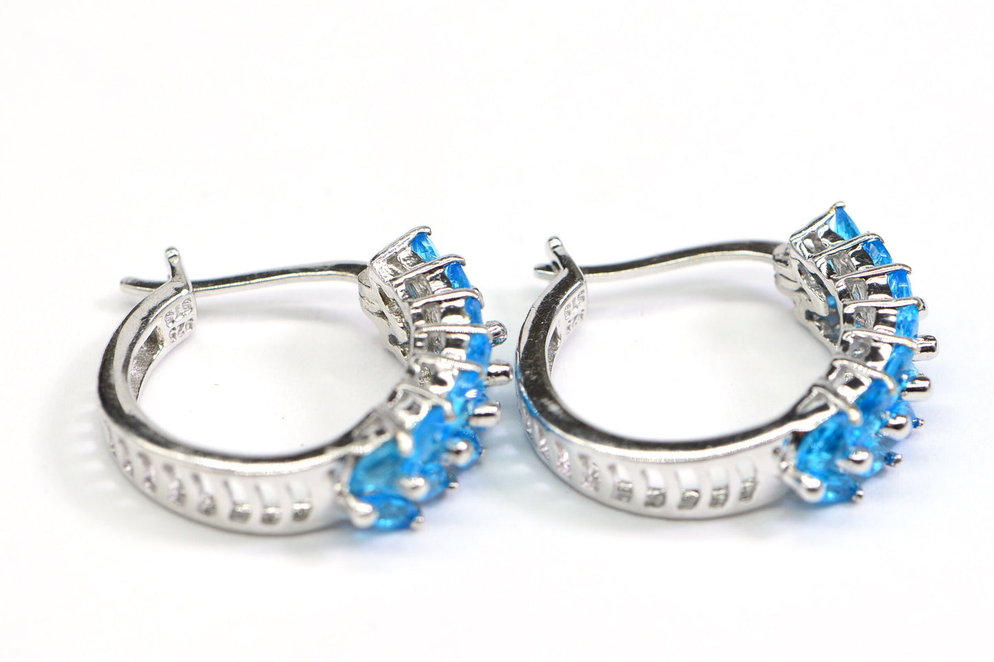 Sterling Silver Hoop Earrings with Blue Apatite Marquise