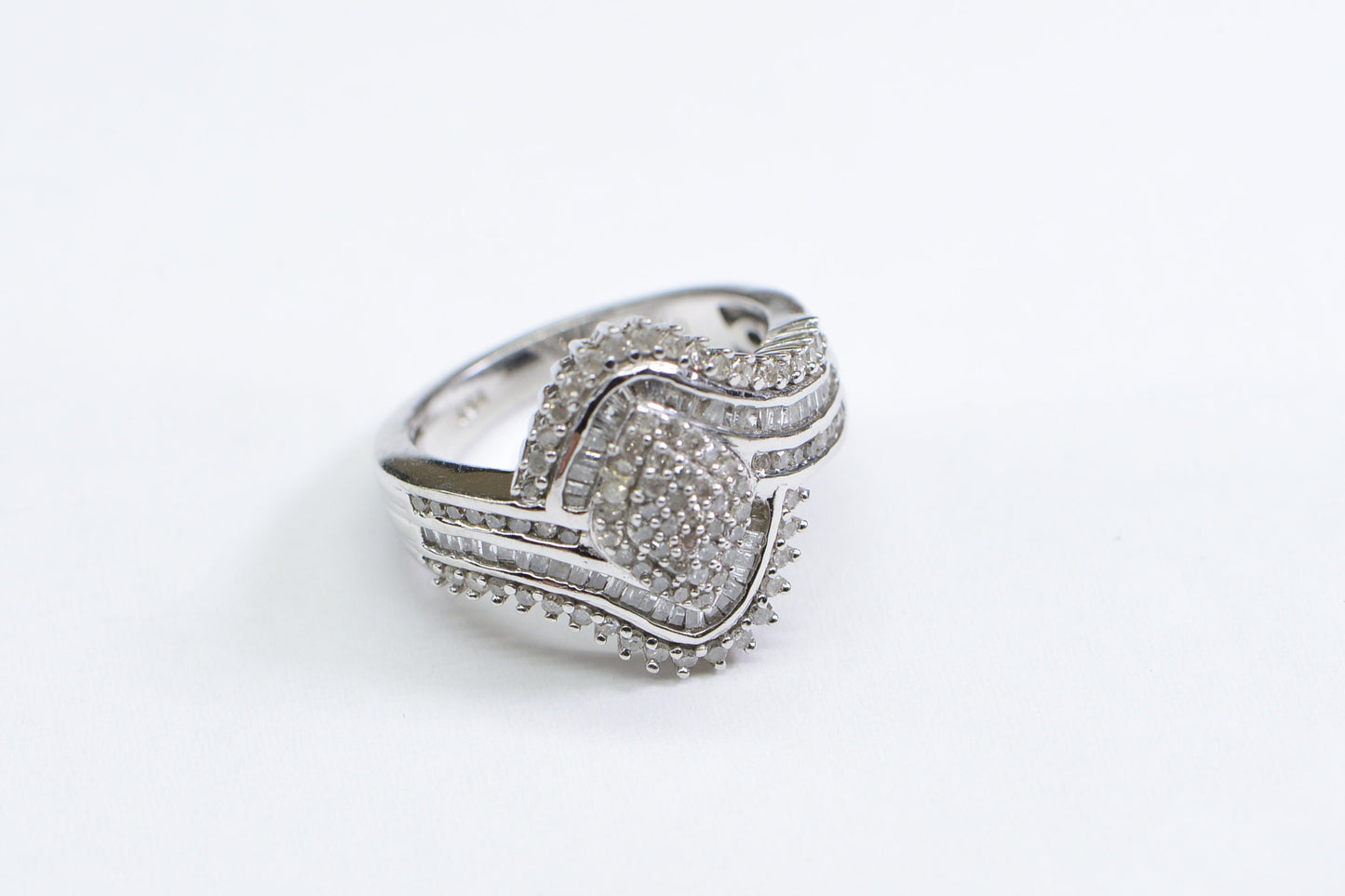 Vintage Diamond Cluster Ring, Sterling Silver Rhodium Finish, US Size 6