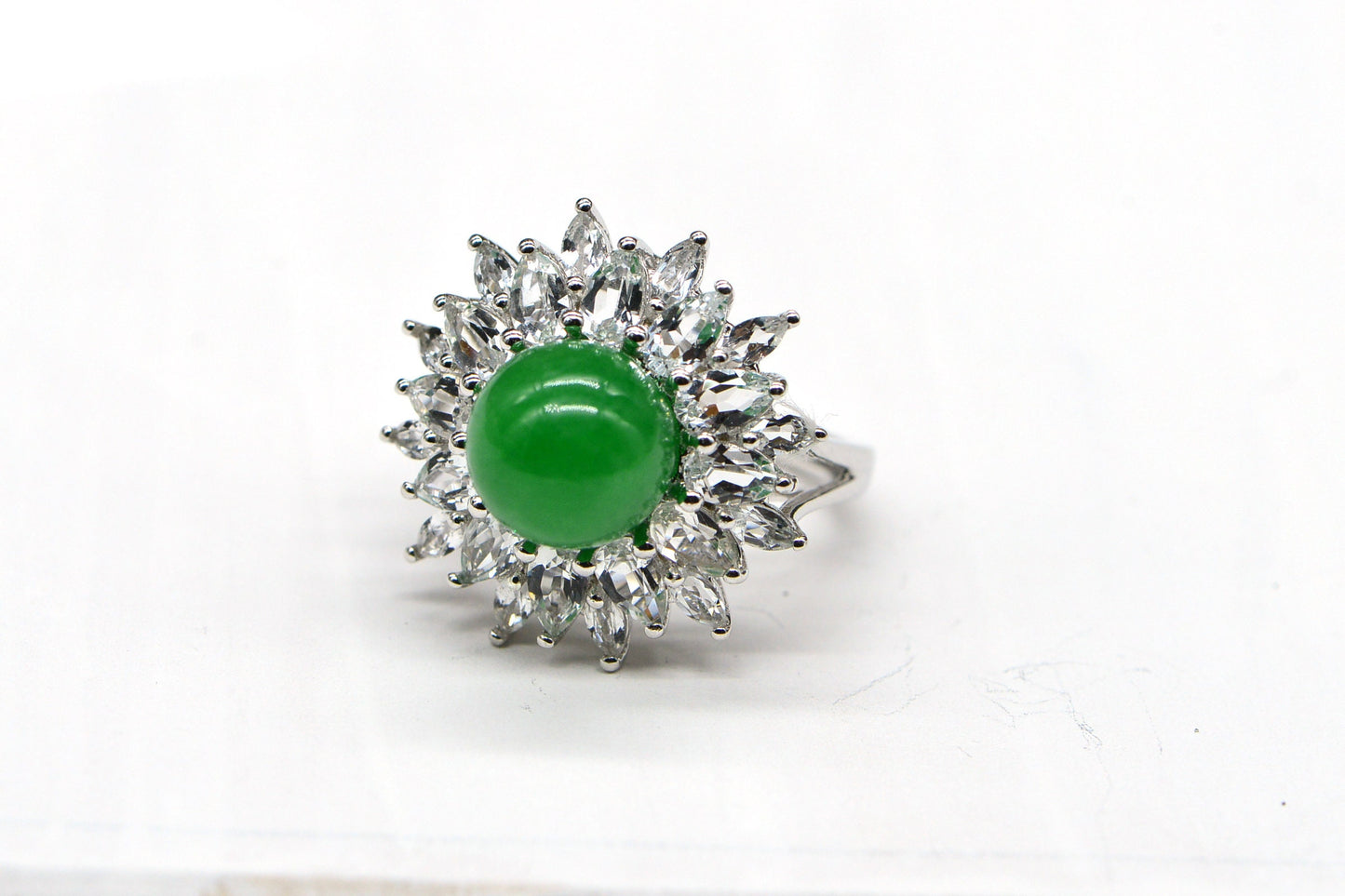 Jadeite Jade Ballerina Ring: Apple Green, White Topaz, Sterling Silver