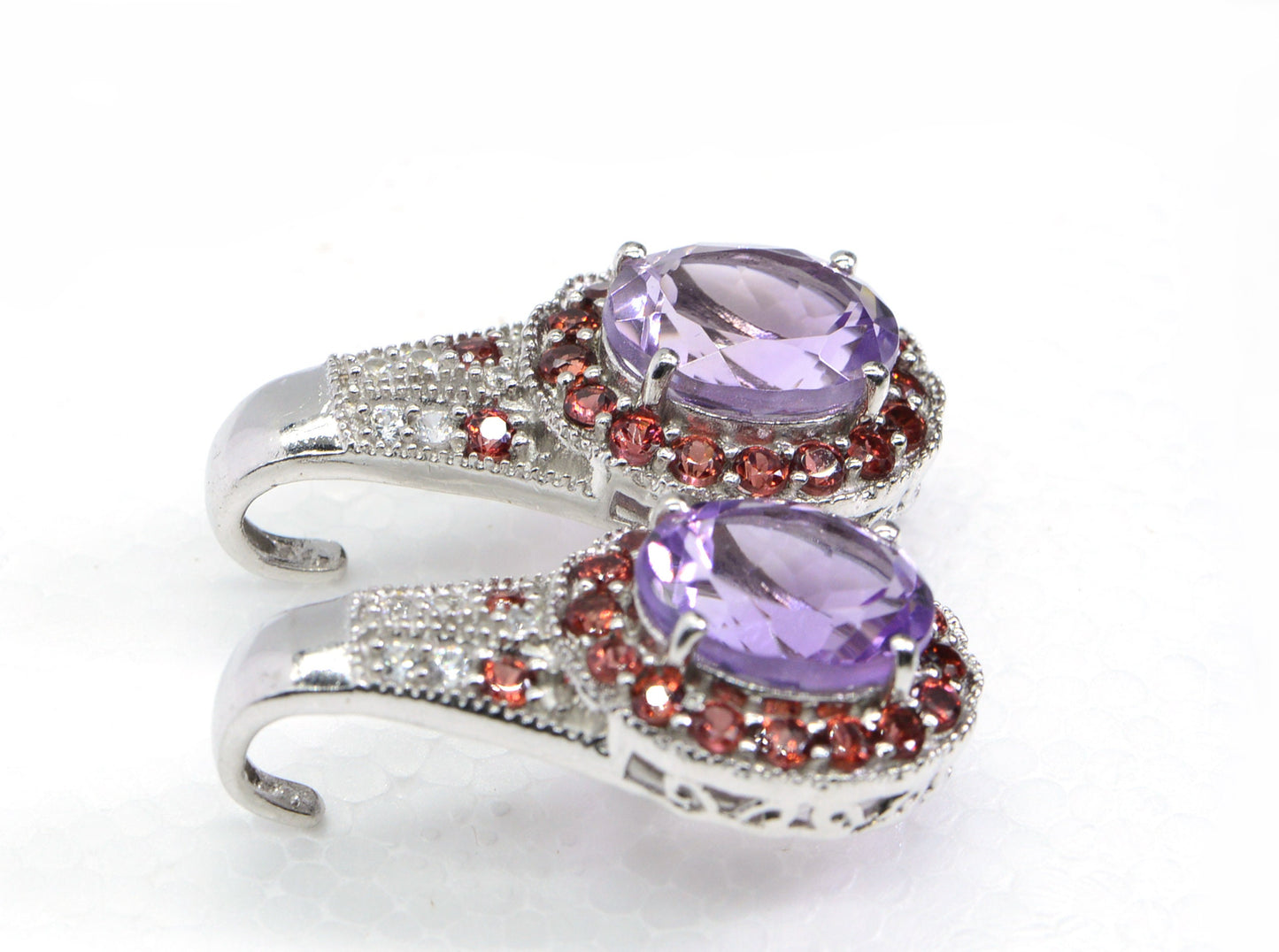 Rose de France Amethyst Sterling Silver Earrings, Garnet & Topaz Halo