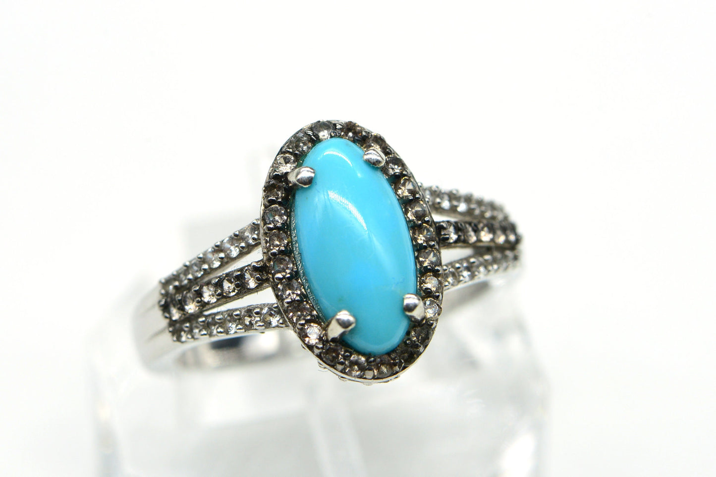Sleeping Beauty Turquoise Ring, Halo Zircon, Sterling Silver, Handmade