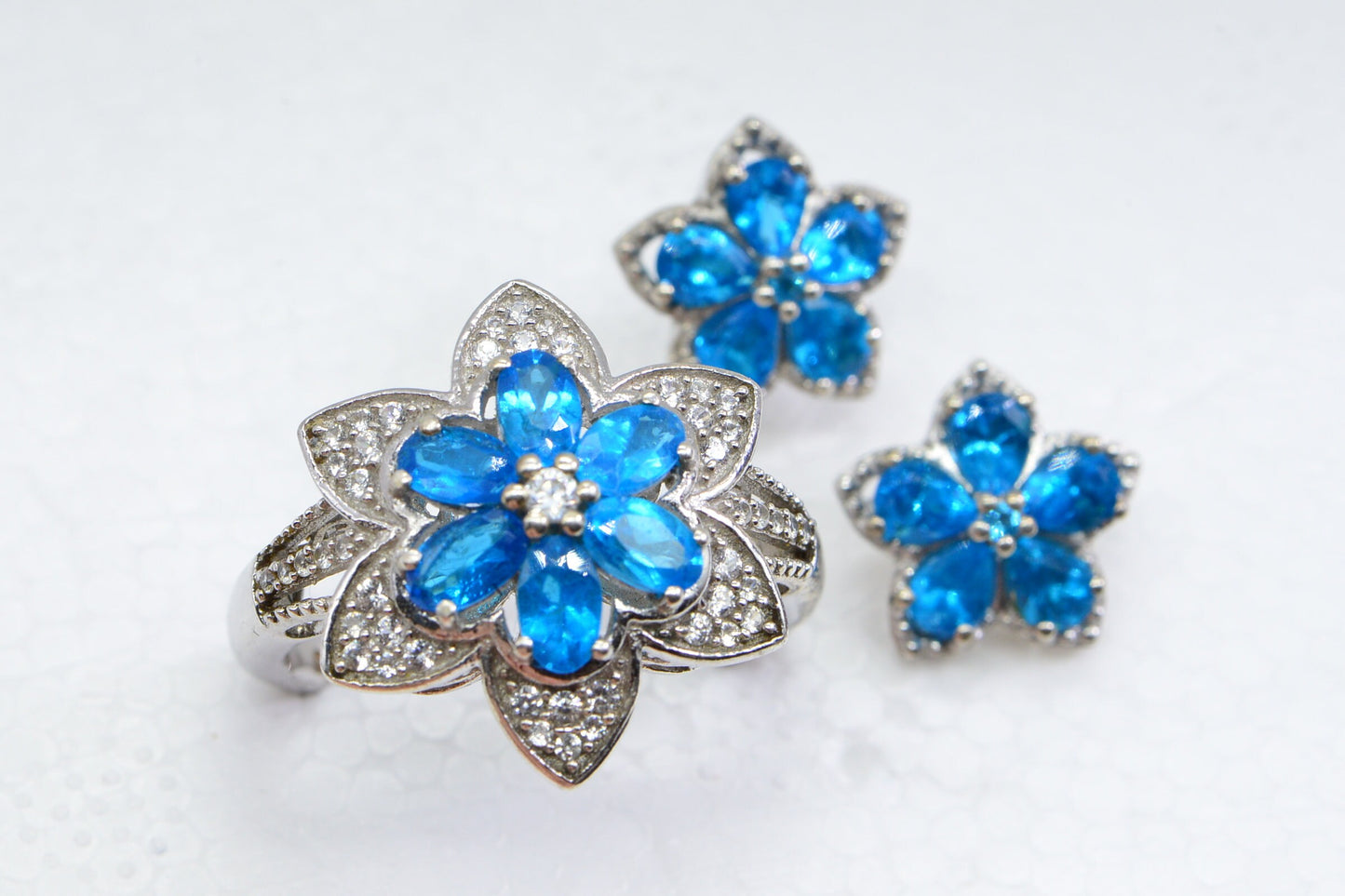 Sterling Silver Neon Apatite Flower Ring and Earrings Set