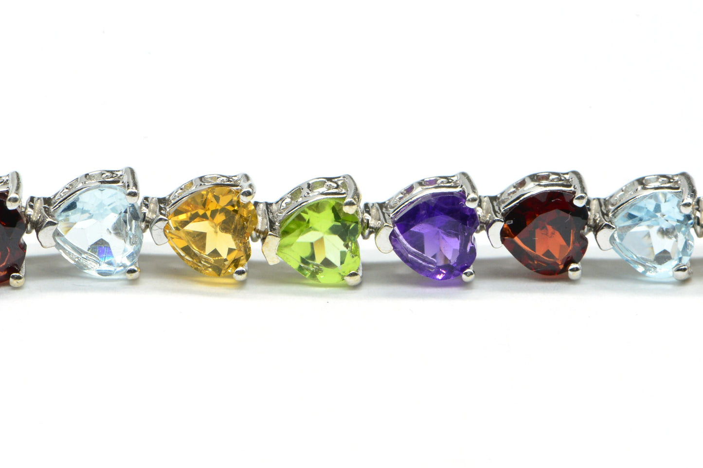 Sterling Silver Multi-Gemstone Heart Bracelet, Rainbow Birthstone