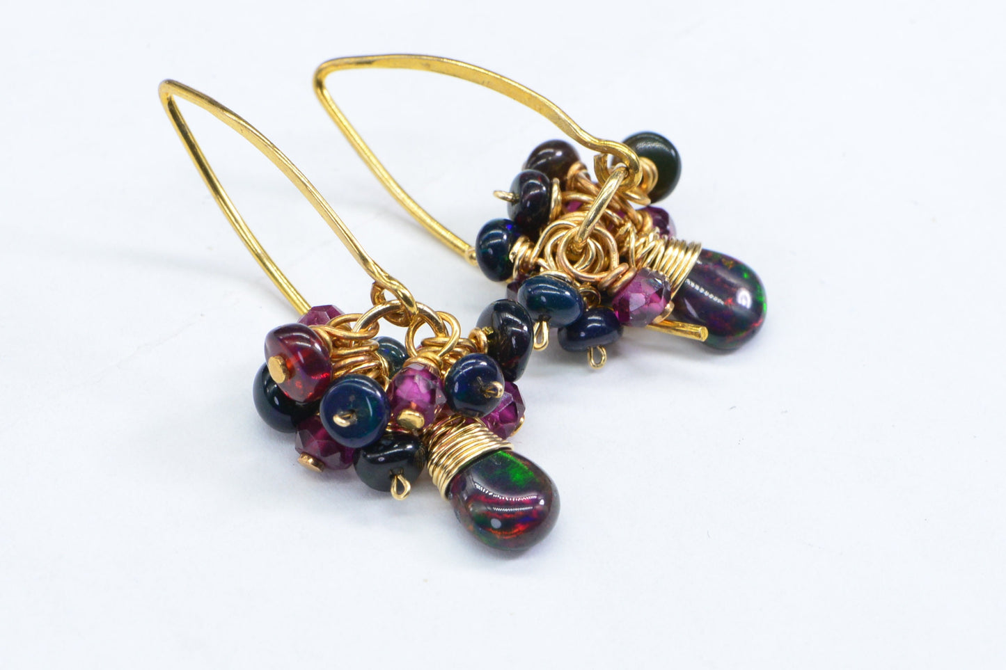 Gold Filled Black Opal Garnet Earrings, Wire Wrapped Dangle Earrings