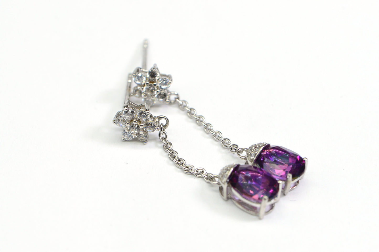 Authentic Rhodolite Garnet Flower White Topaz Chain Dangle Stud Earrings Purple Gemstone Long Earrings