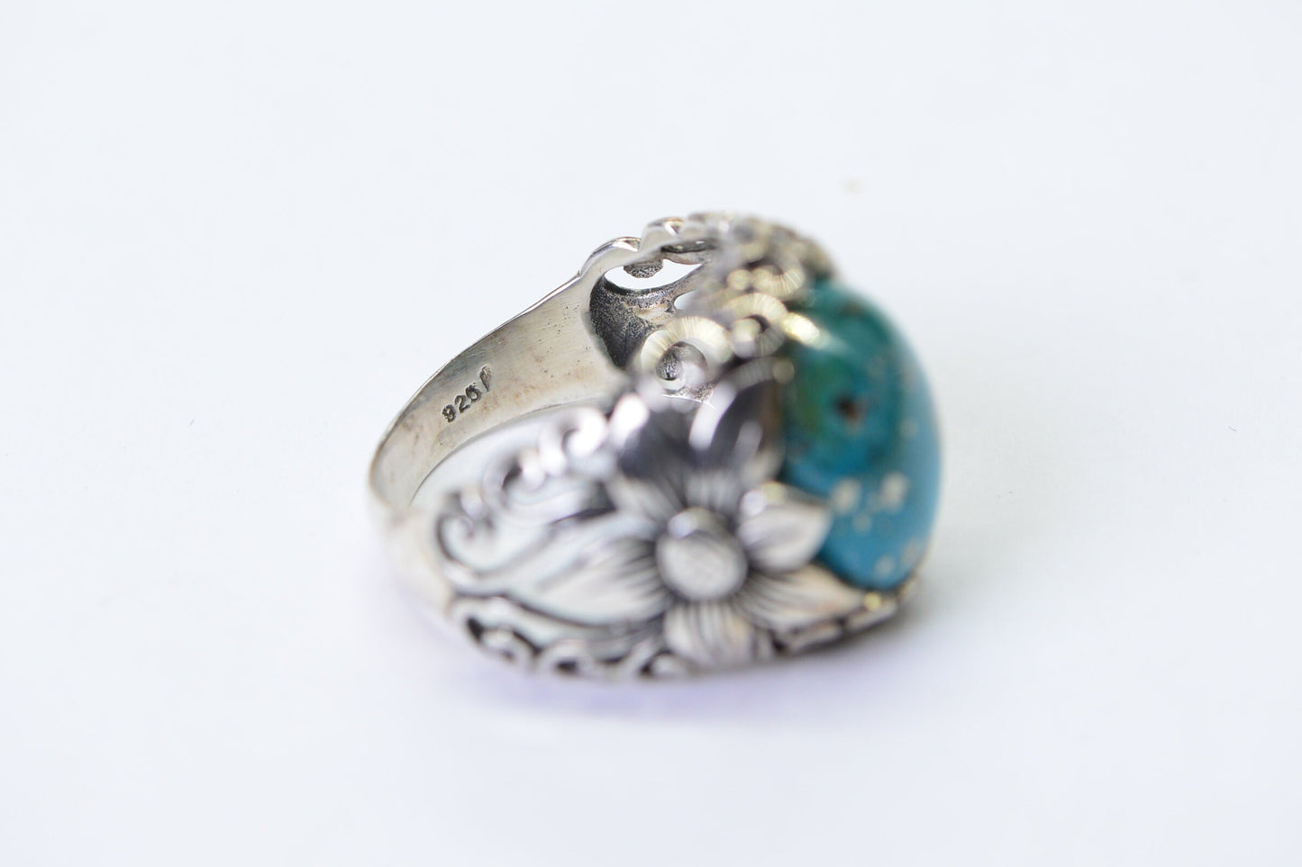 Campitos Turquoise Rings Sterling Silver Flower Design Ring Cocktail Large Gemstone Ring