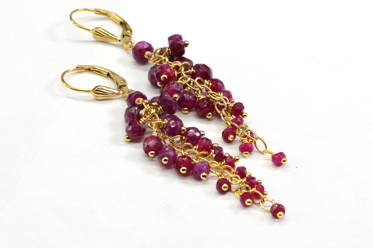 Ruby Cluster Dangle Earrings: 14K Gold Filled Wire Wrapped Lever Backs