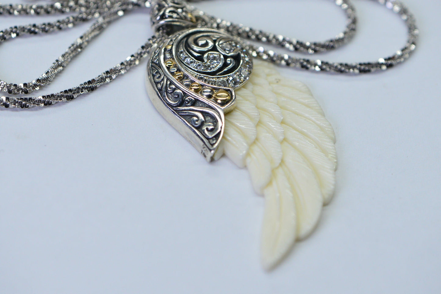 Carved Bone Wing Pendant, Zircon Sterling Silver Necklace, 18 inch Chain