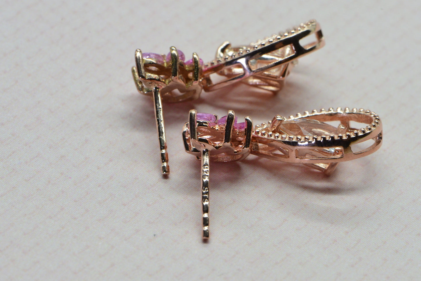 Morganite & Sapphire Earrings, 14K Rose Gold Vermeil Over Sterling Silver
