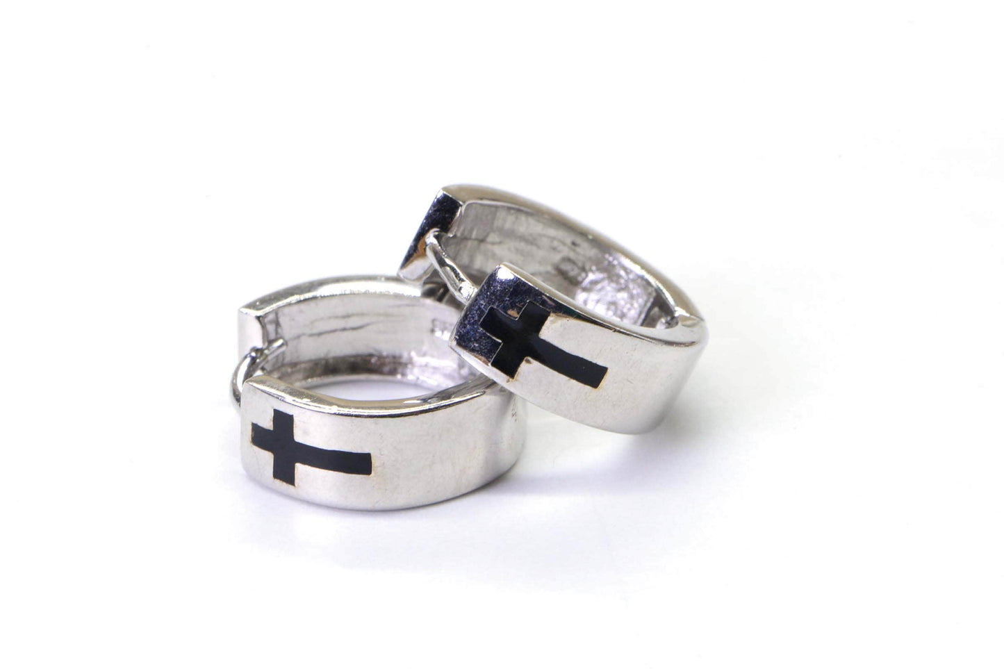 15mm Small Cross Enamel Black Sterling silver Hinged Wide Hoop Earrings