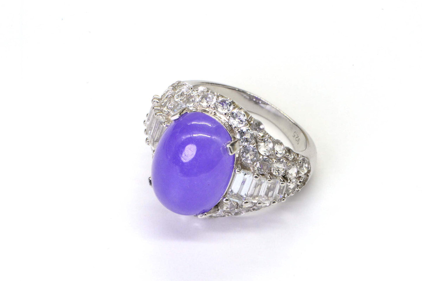 Purple Jade Cocktail Ring, White Topaz Halo, Sterling Silver, Size 7 3/4