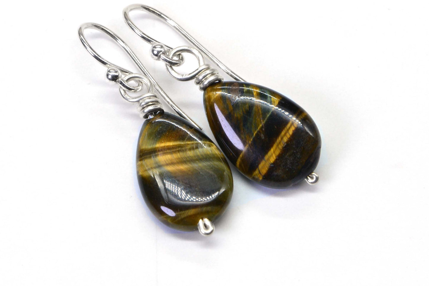 Tiger Eye Gemstone Earrings, Sterling Silver Teardrop Dangle