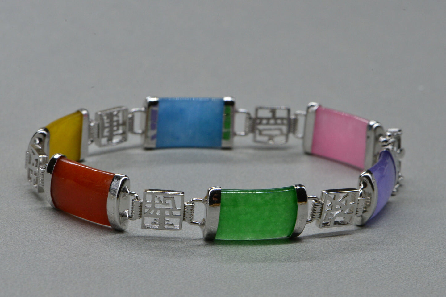 Lucky Chinese Multi Color Jade Rectangle Bracelet Sterling Silver Long Length Chain Bracelet