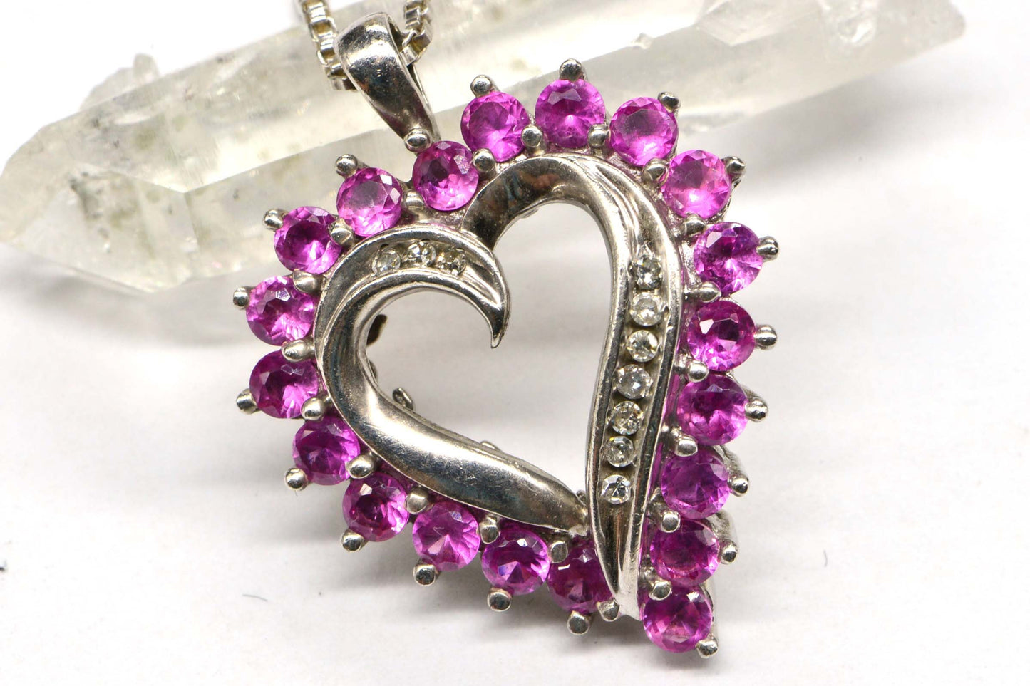 Natural Ruby and Diamond Sterling Silver Heart Pendant Necklace Estate , Vintage Pendant ,Birthstone July