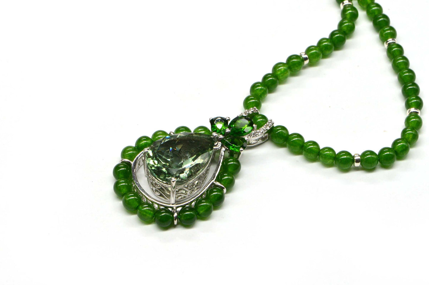 Natural Green Jade Green Amethyst Russian Chrome Diopside Multiple Gemstone Necklace
