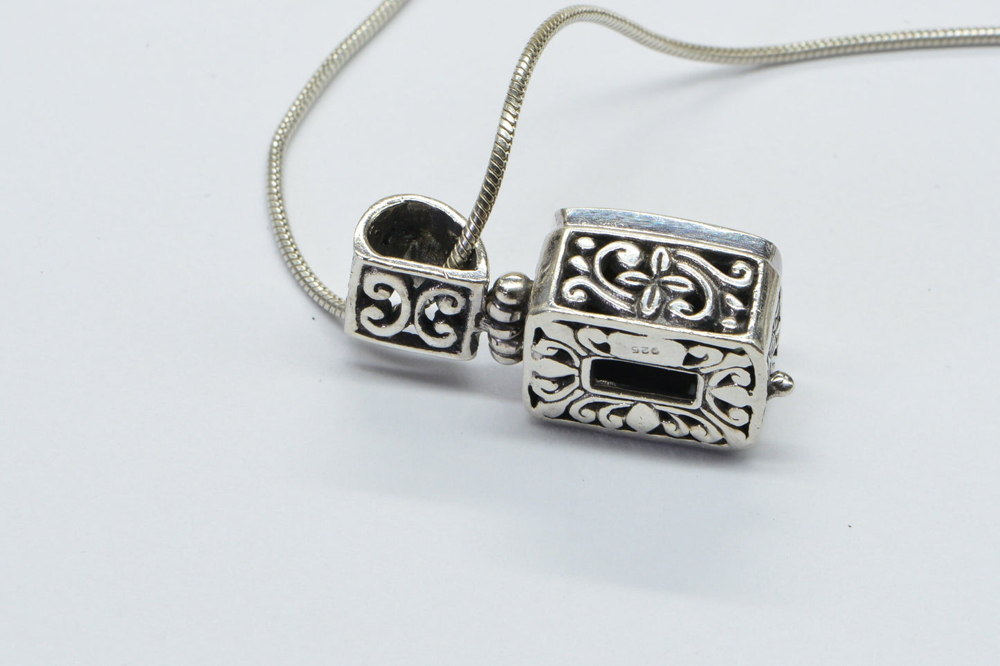 Red Coral Rectangle Pendant Necklace Sterling Silver Fancy Basket Filigree