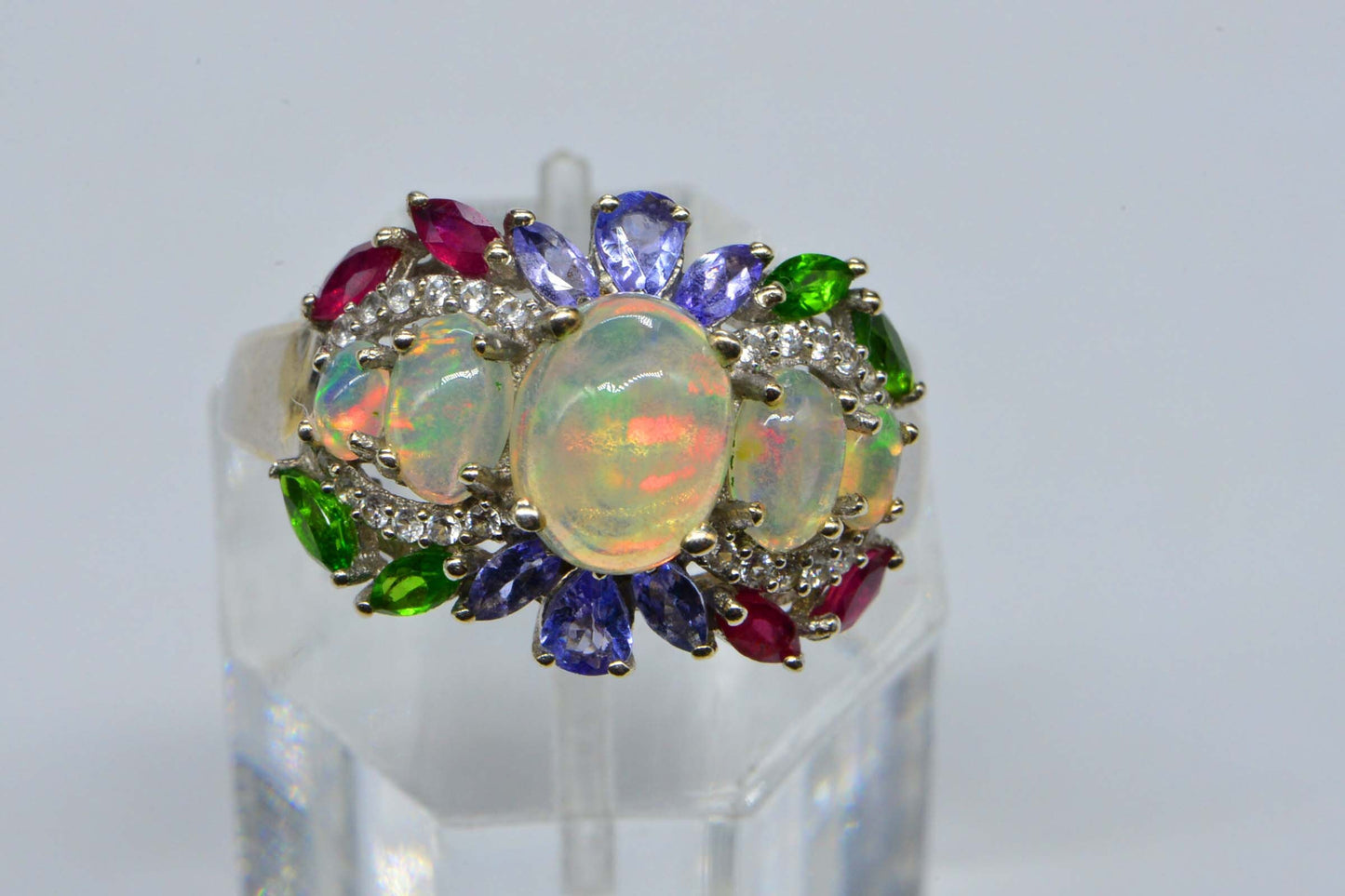 Authentic Ethiopian Opal Triplet Multi Stone Ring Sterling Silver October Birthstone