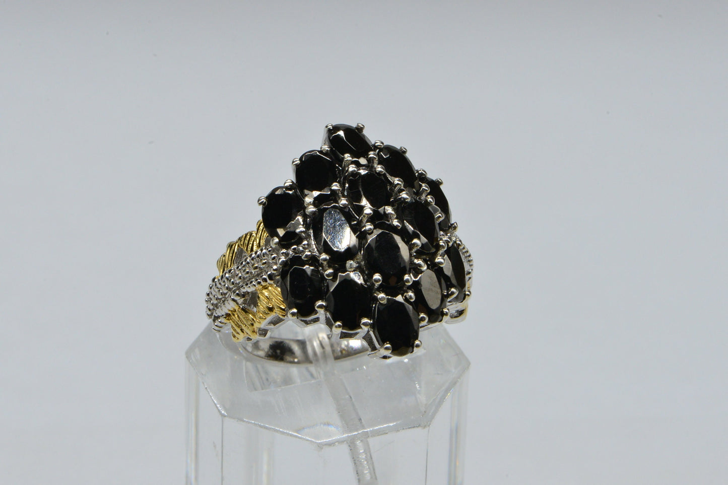 Black Onyx Cluster Ring, Platinum Over Sterling Silver, Boho Filigree