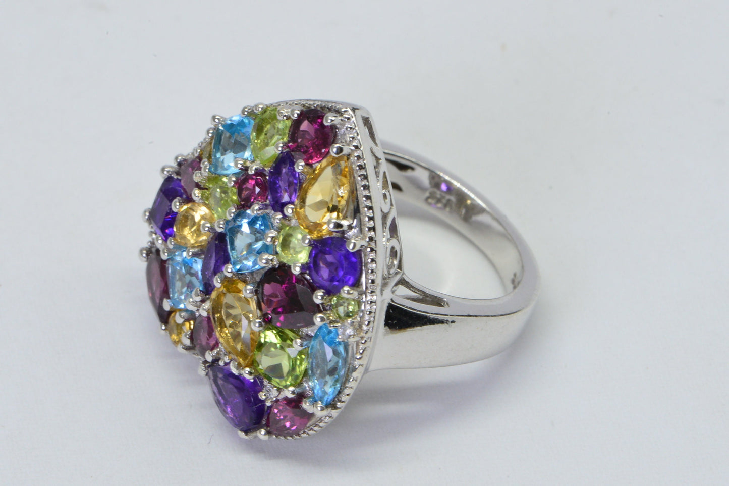 Sterling Silver Heart Ring with Multi Gemstone Cluster, Size 5