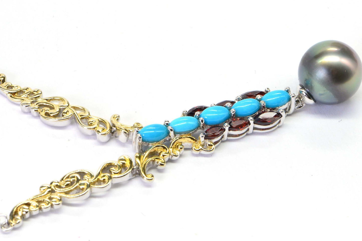 Tahitian Cultured Black Pearl Arizona Turquoise Sleeping Beauty Garnet Multi Gemstone Necklace