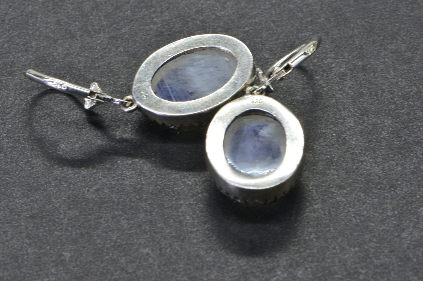 Blue Flash Moonstone Earrings, Sterling Silver Oval Leverback Drops