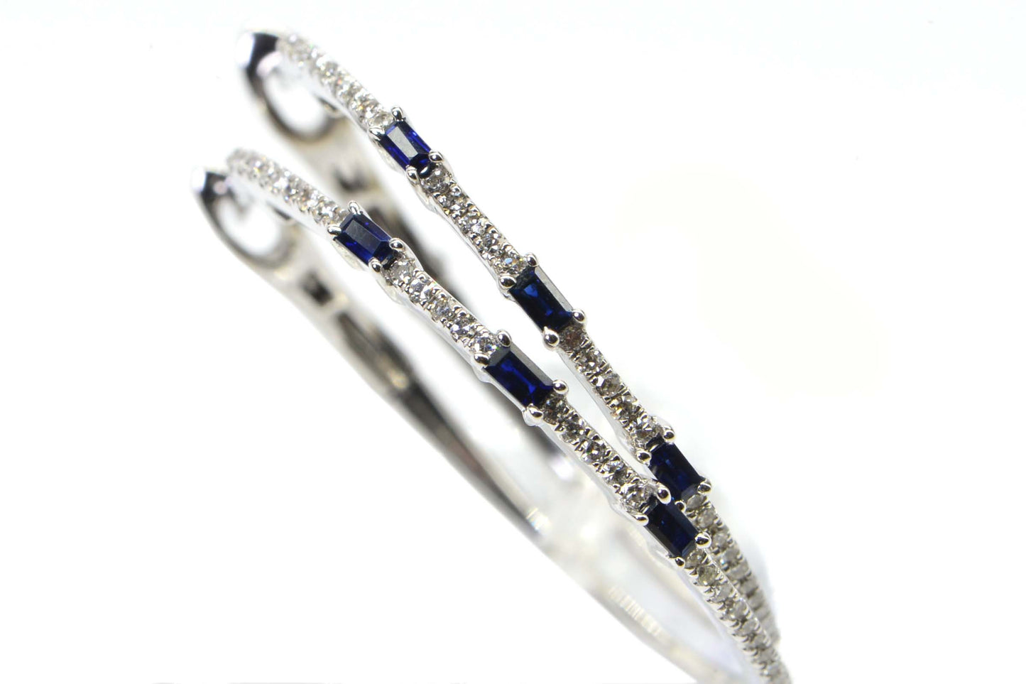 Sapphire Diamond Hoop Earrings, 14K White Gold Lever Back