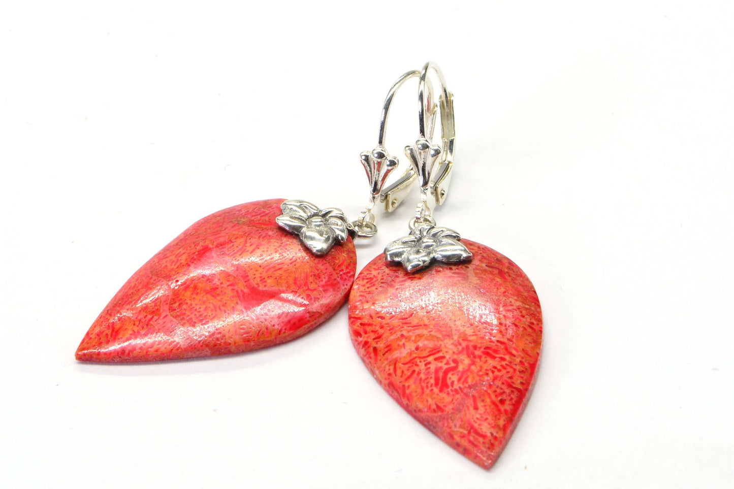 Coral Red Leaf Earrings, Sterling Silver Flower Design