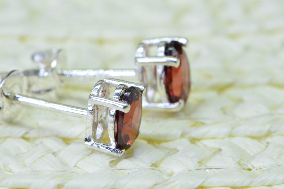 Natural Garnet Oval Stud Earrings Tiny Gemstone Post Earrings Sterling Silver Birthstone January