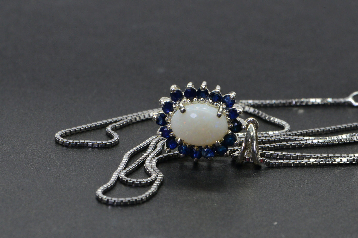 Australian White Opal Pendant Halo Sapphire Small Pendant Necklace 18 Inch Sterling Silver