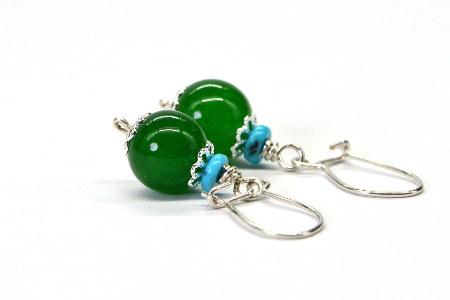 Green Jade Turquoise Sleeping Beauty Round Dangle Earrings Sterling silver