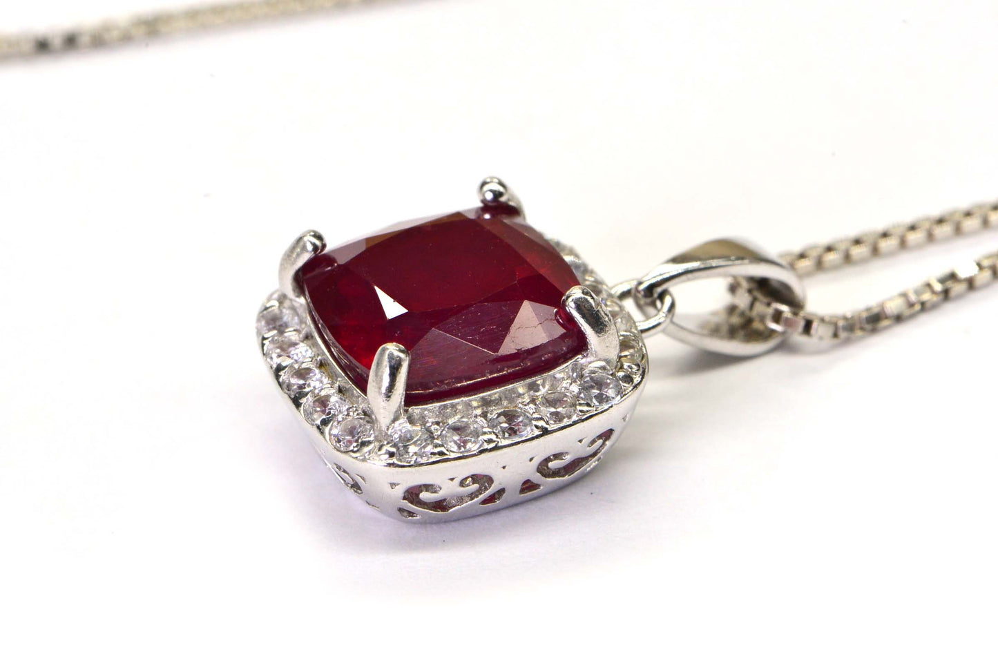 Genuine Ruby Cushion Pendant Halo Diamond Accent Sterling Silver Necklace Birthstone July