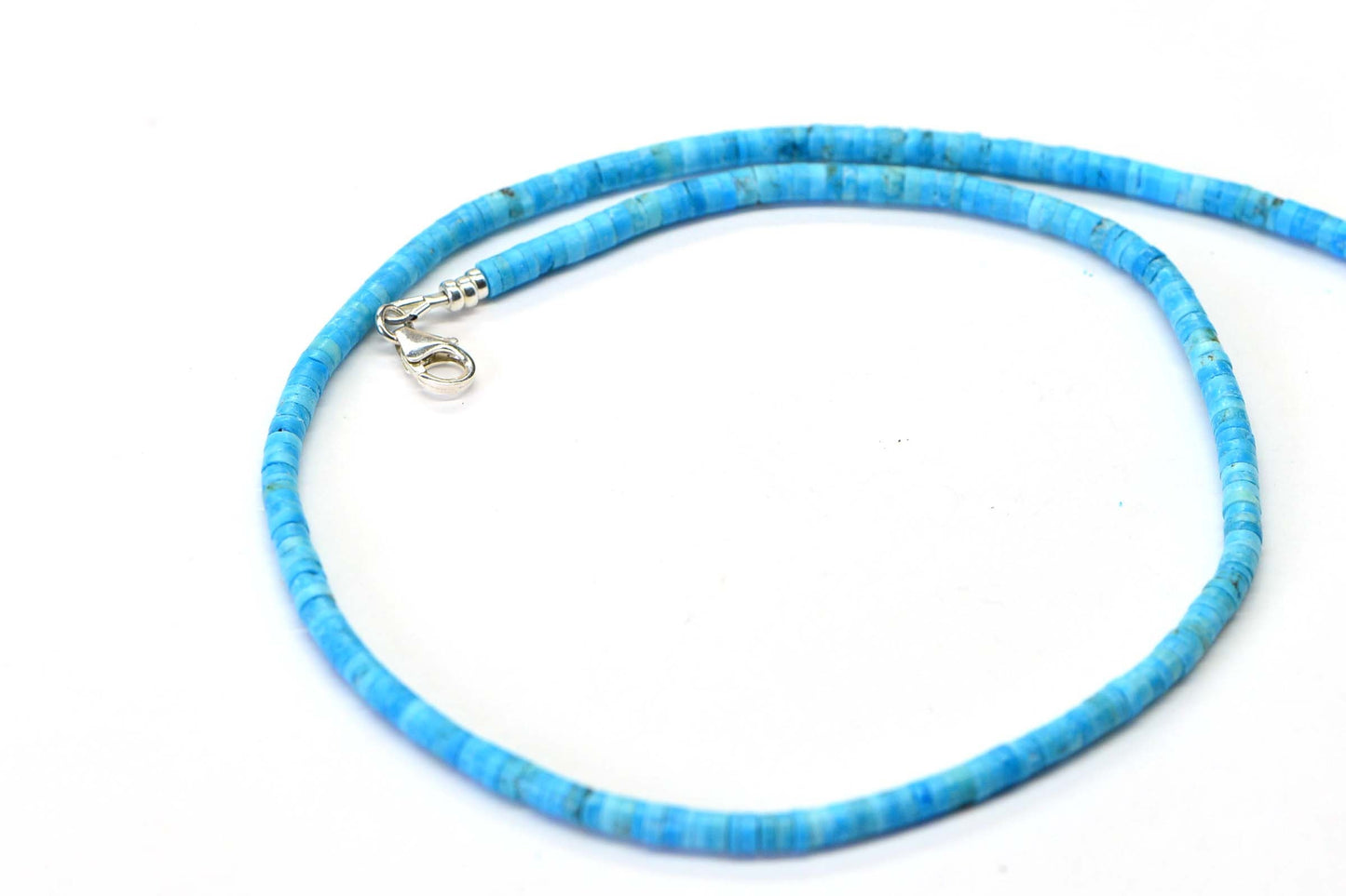 Sleeping Beauty Turquoise Heishi Necklace, Sterling Silver Clasp